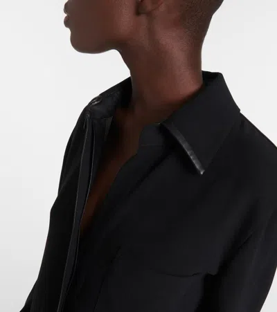 Vince Crepe Button-front Blouse With Faux Leather Trim In Black