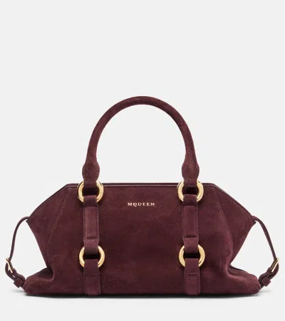 Alexander Mcqueen Farringdon Small Elongated Suede Shoulder Bag In Burgundy