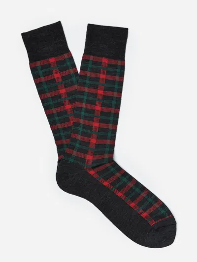 J.mclaughlin Men's Wool Socks In Even Square Plaid Dark H Gray/red | Cotton/wool In Animal Print