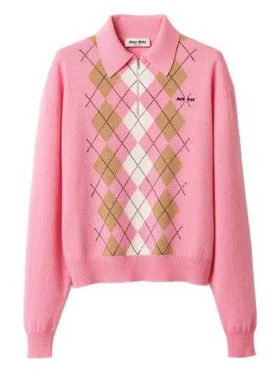 Miu Miu Argyle Pattern Polo Collar Knitwear Sweater In Pink