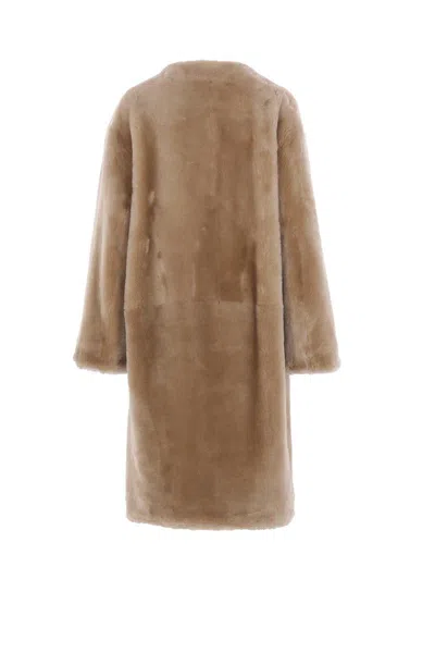 Totême Toteme Collarless Genuine Shearling Coat In Brown