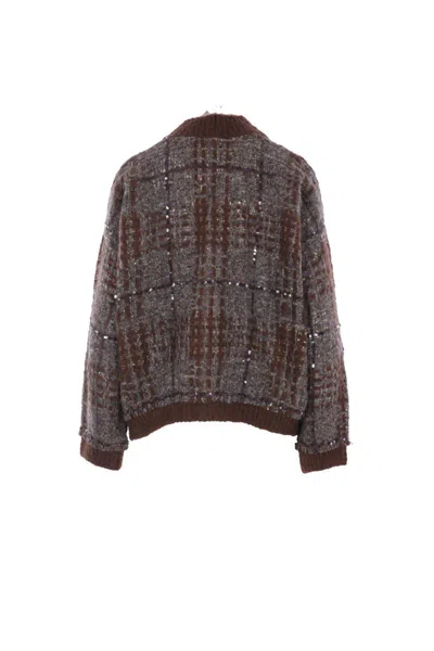 Brunello Cucinelli Tartan Organza Embroidered Cardigan In Brown