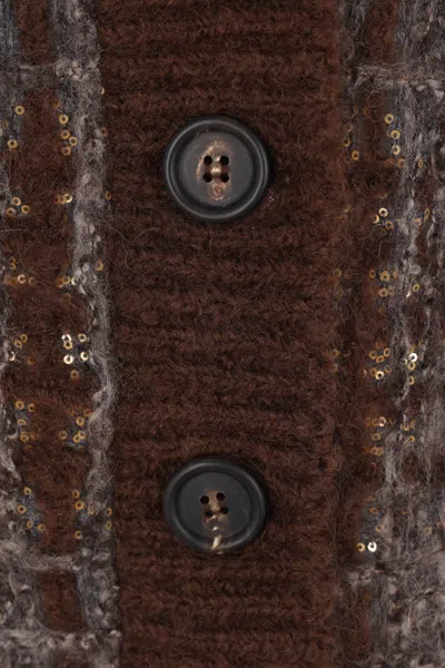 Brunello Cucinelli Tartan Organza Embroidered Cardigan In Brown