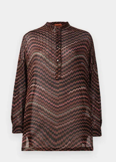 Missoni Mandarin Collar Oversize Blouse With Wavy Zigzag Pattern In Brown