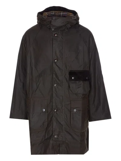 Barbour Long Hooded Jacket Flap Pockets In Animal Print