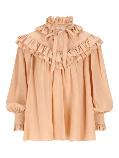 Chloé Sand Brown Oversized Ruffle Top In Orange