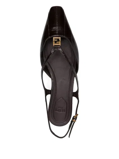 Fendi Fold Slingback Leather Flats In Black