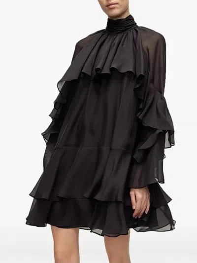 Veronica Beard Adlington Ruffle Detail Long Sleeve Silk Chiffon Dress In Black