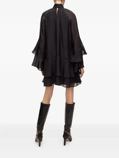 Veronica Beard Adlington Ruffle Detail Long Sleeve Silk Chiffon Dress In Black