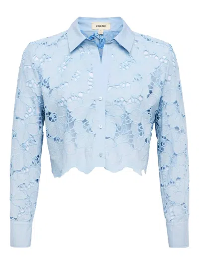 L'agence Seychelle Floral Eyelet-embroidered Cropped Shirt In Blue