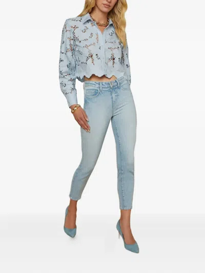 L'agence Seychelle Floral Eyelet-embroidered Cropped Shirt In Blue