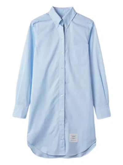Thom Browne Classic Long Sleeve Button Down Point Collar Thigh Length Shirtdress With Grosgrain Placket In Solid In Blue