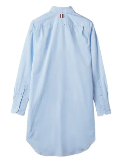 Thom Browne Classic Long Sleeve Button Down Point Collar Thigh Length Shirtdress With Grosgrain Placket In Solid In Blue