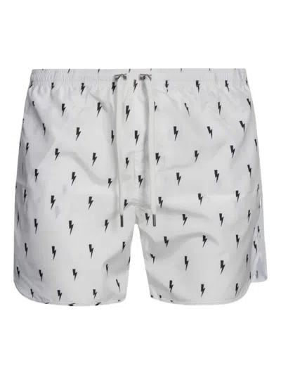 Neil Barrett Lightning Bolt-print Swim Shorts In White