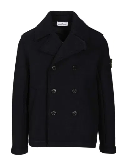 Stone Island Felt Pea Coat Knitwear Blue In Blue