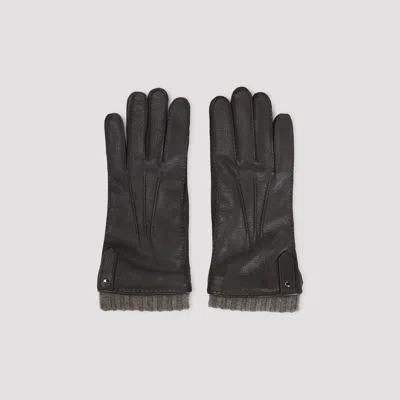 Canali Ribbed-trim Leather Gloves In Black