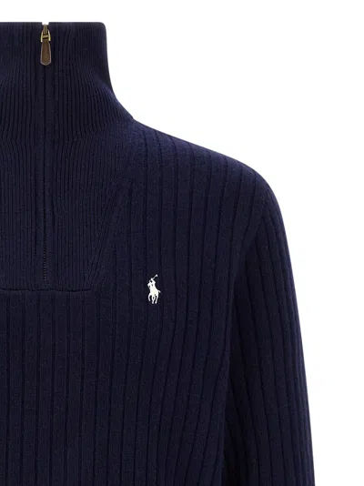 Polo Ralph Lauren Wool Cotton Sweater Ribbed Texture Long Sleeves In Blue