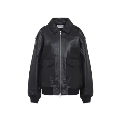 The Frankie Shop Classic-collar Pocketed Leather Jacket In Black