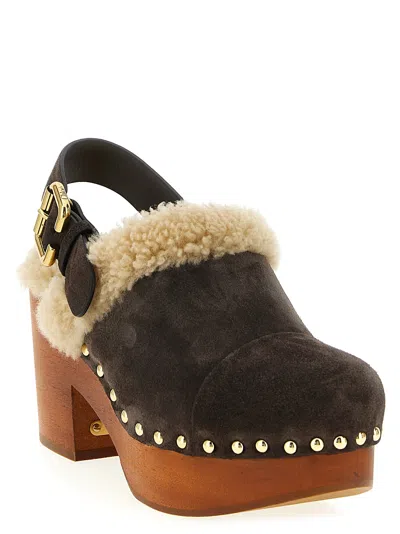 Chloé Jeannette Shearling-trimmed Suede Wedge Clogs In Brown