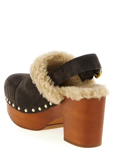 Chloé Jeannette Shearling-trimmed Suede Wedge Clogs In Brown