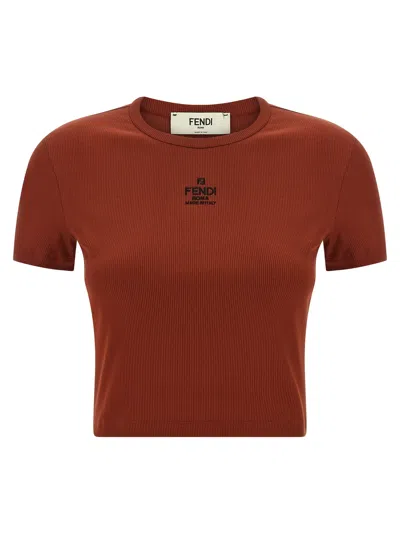 Fendi Embroidered Logo Short Sleeve Top In Brown