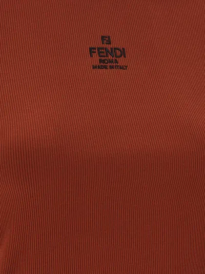 Fendi Embroidered Logo Short Sleeve Top In Brown