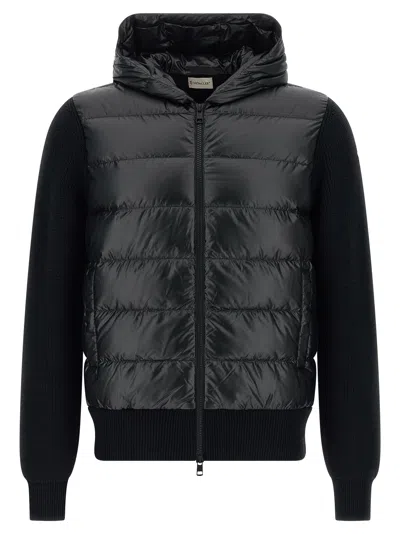 Moncler Hooded Quilted Sweater Ribbed Sleeves In Black