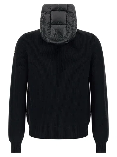Moncler Hooded Quilted Sweater Ribbed Sleeves In Black