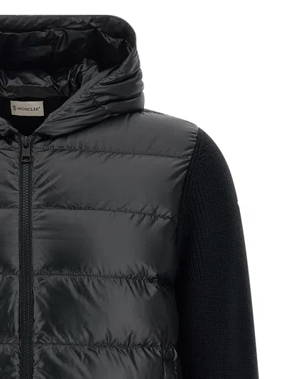 Moncler Hooded Quilted Sweater Ribbed Sleeves In Black
