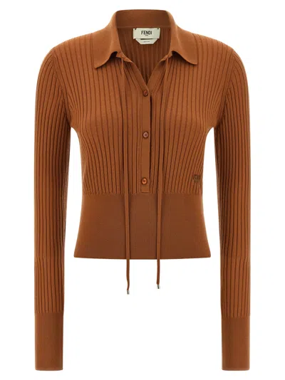 Fendi Textured Long Sleeve Collared Knit Top In Brown