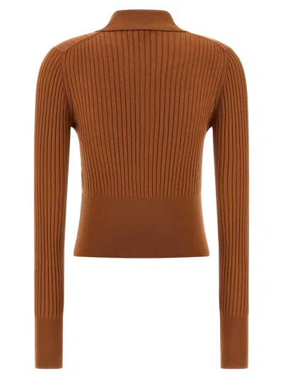 Fendi Textured Long Sleeve Collared Knit Top In Brown