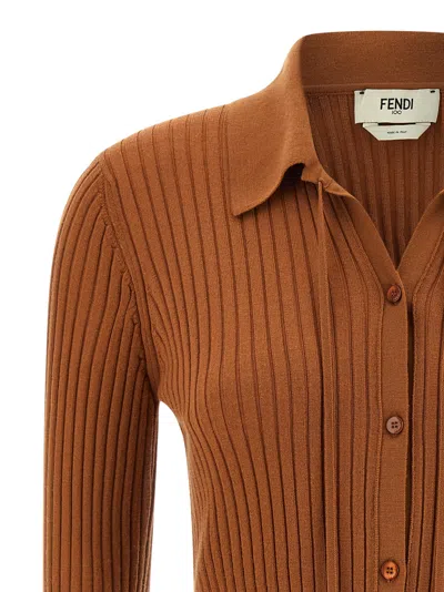 Fendi Textured Long Sleeve Collared Knit Top In Brown
