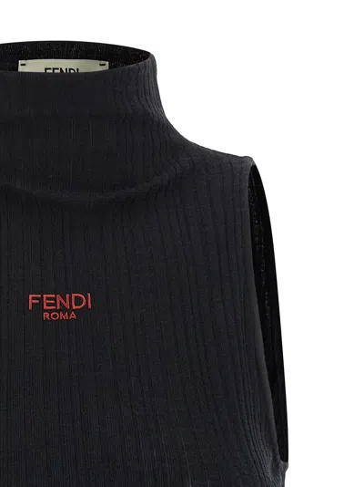 Fendi High Neck Sleeveless Ribbed Top In Black