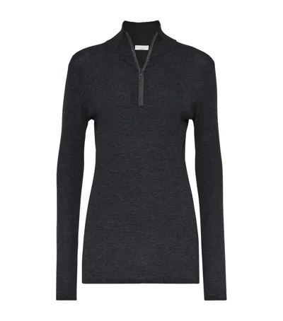Brunello Cucinelli Virgin Wool-cashmere Half-zip Sweater In Black