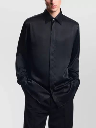 Emporio Armani Long Sleeve Satin Shirt With Spread Collar In Black