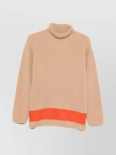 Msgm Turtleneck Sweater With Contrast Hem And Long Sleeves In Brown