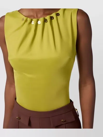Elisabetta Franchi Fitted Sleeveless Top With Button Embellishments And Gathered Neckline In Yellow