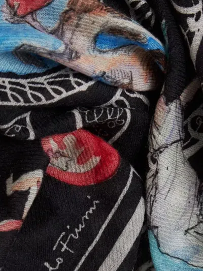 Faliero Sarti Square Scarf With Intricate Print And Frayed Edges In Black