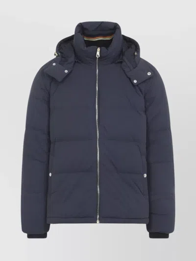 Paul Smith Padded Brown Polyamide Jacket With Detachable Hood And Ribbed Cuffs In Blue