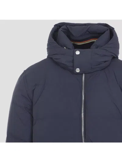 Paul Smith Padded Brown Polyamide Jacket With Detachable Hood And Ribbed Cuffs In Blue