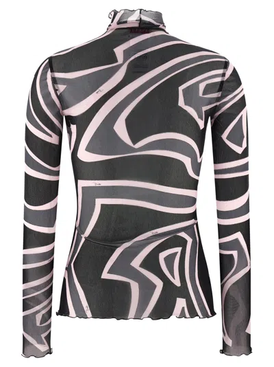 Pucci Semi Sheer Printed Long-sleeved High-neck Top In Multi