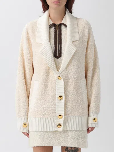 Elisabetta Franchi Bouclé Chenille Cardigan With Jewel Buttons In Neutral