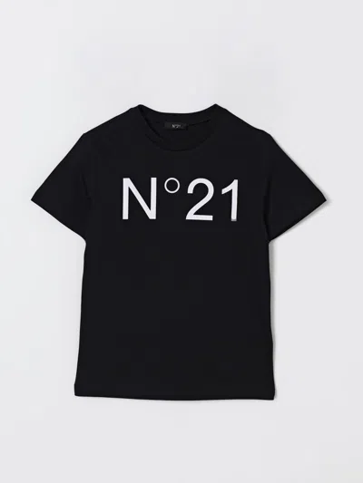 N°21 Black Crewneck T-shirt With Maxi Logo Print On The Front In Cotton Girl In Black