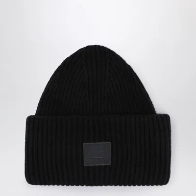 Acne Studios Casual Ribbed Knit Hat With Face Patch In Black