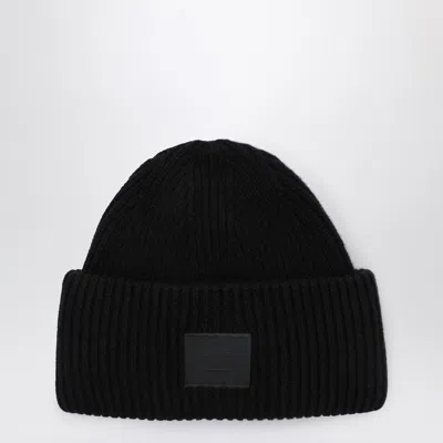 Acne Studios Casual Ribbed Knit Hat With Face Patch In Black