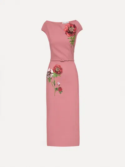 Oscar De La Renta Floral Embroidered Short Sleeve Dress In Pink