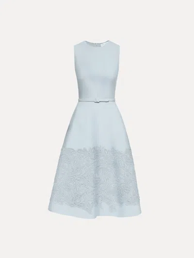 Oscar De La Renta Feather Scroll Guipure Wool Dress In Blue