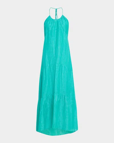 Marie Oliver Zenna Tiered Halter Gown In Blue