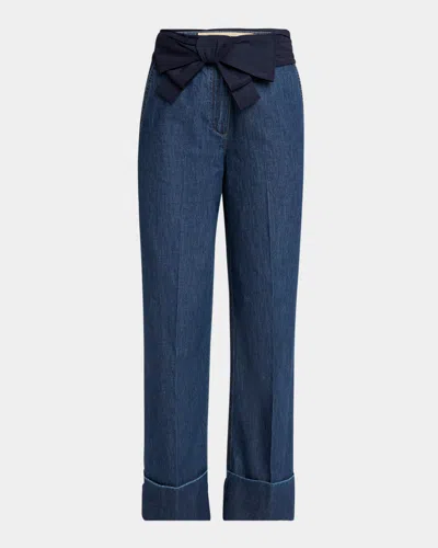Valentino Womens Medium Blue Denim Bow-embroidered Wide-leg Denim Jeans In Blue