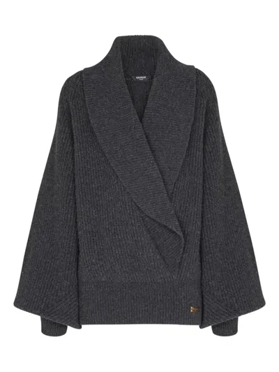 Balmain Oversized Ribbed Knit Pullover With Shawl Collar In Gray